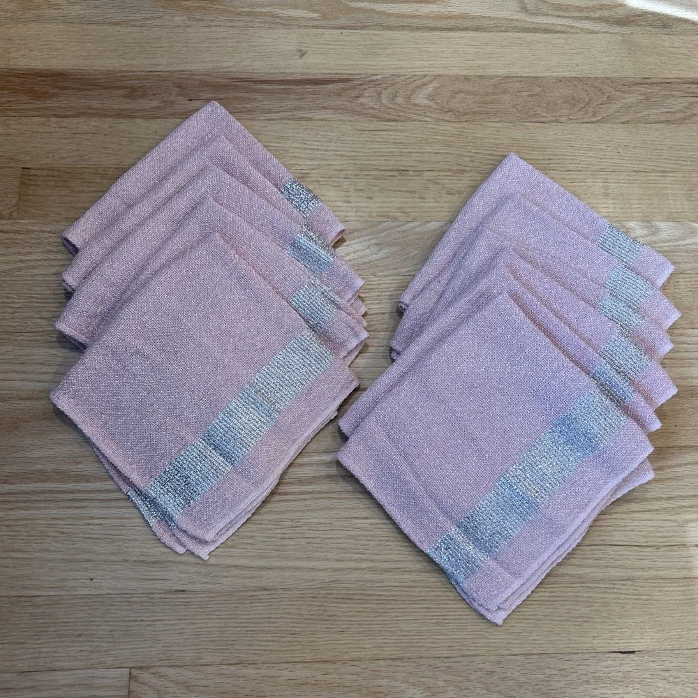 Vintage MCM Pink Woven Tablecloth 11 Napkins Set Metallic Silver Stripe 93x64